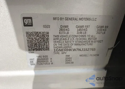 2022 Chevrolet Traverse Fwd Lt Leather z USA, uszkodzony, nr VIN 1GNERHKW7NJ152765